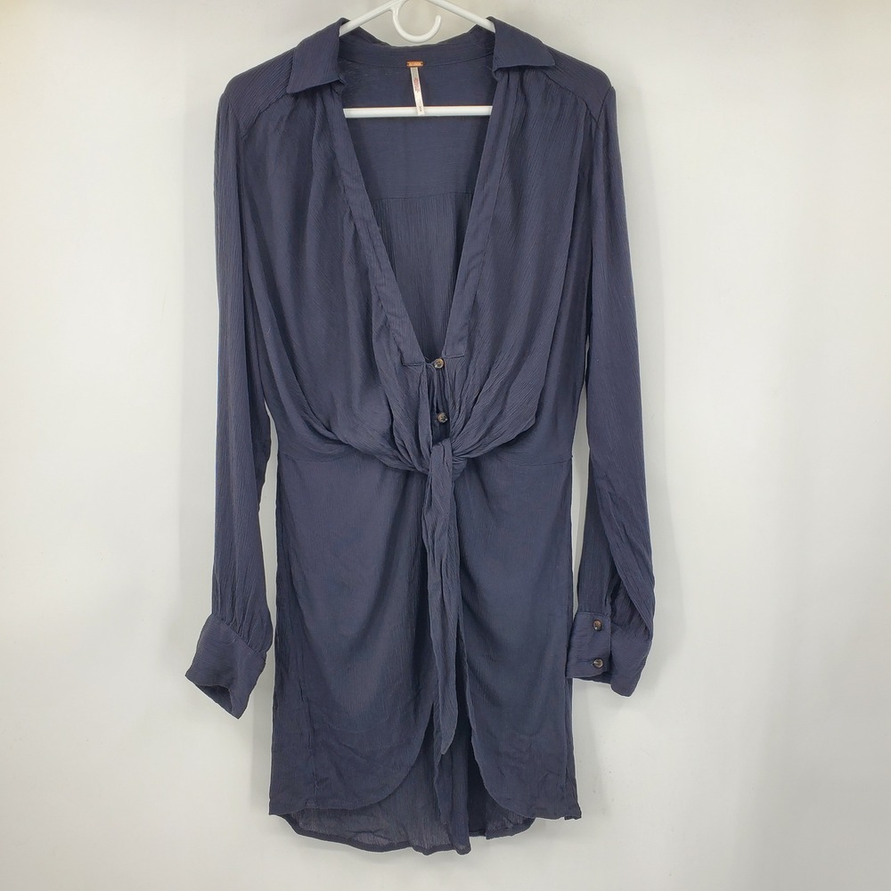 Free People Black Crinkle Tie Front Mini‎ Dress Long Sleeve Gauze Beachy Indie